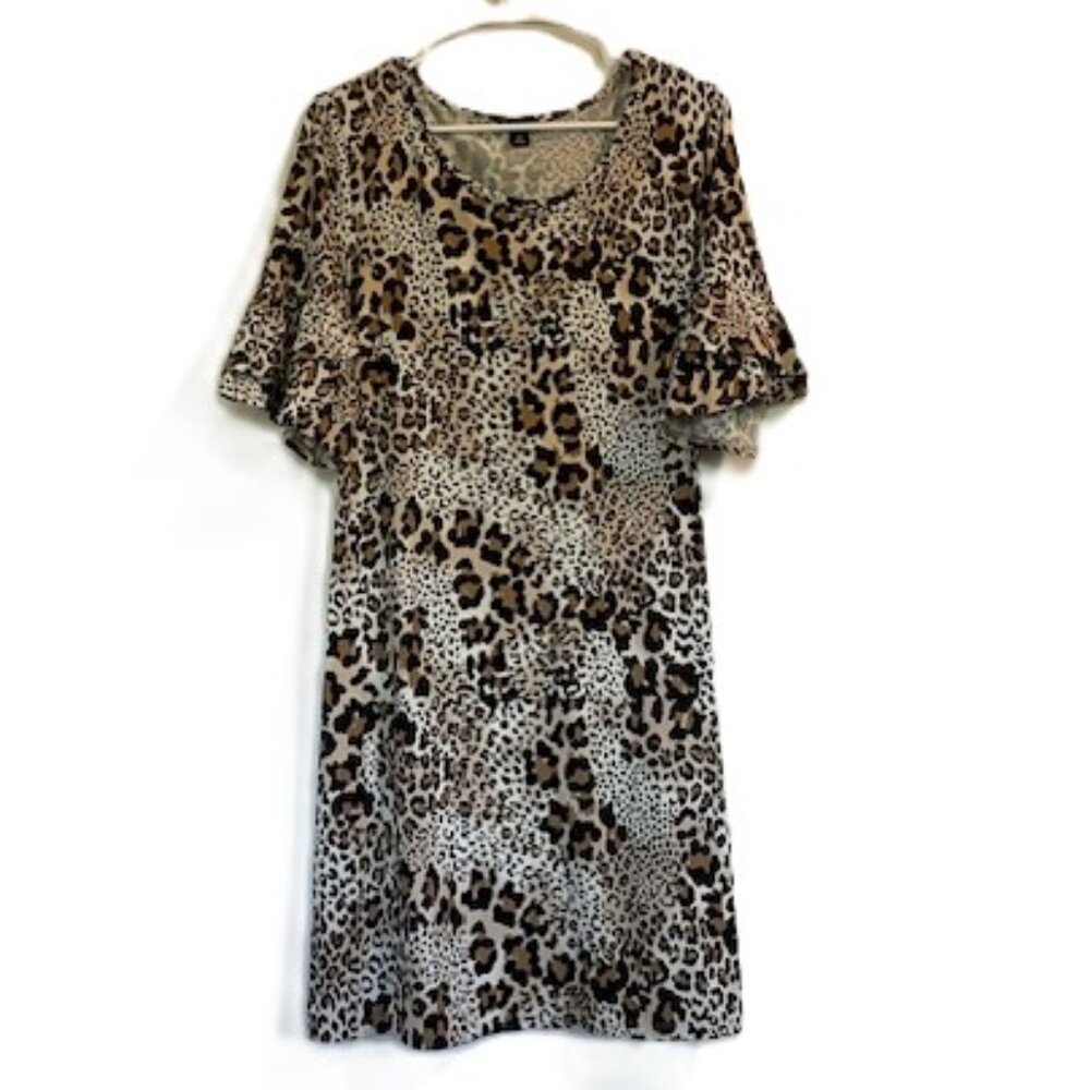 New Directions Leopard Print Dress with Short Ruffled Sleeves